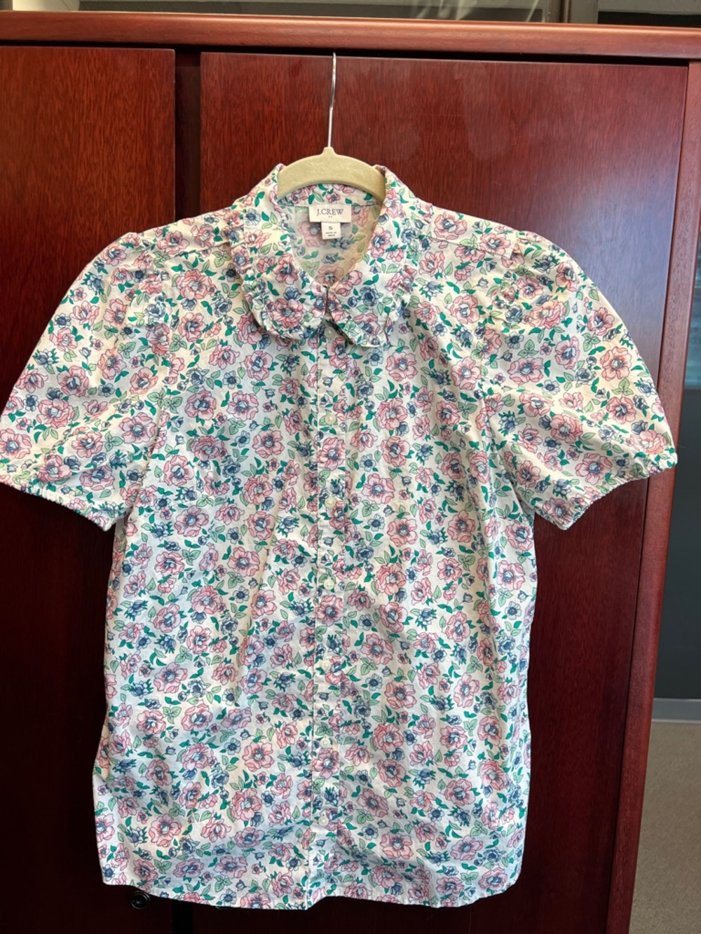 J. Crew White Floral Button-Down Shirt with Pink & Green Print
